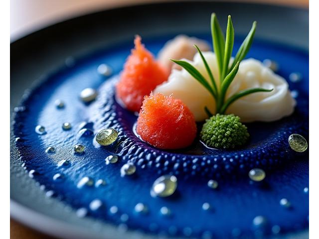 瑠璃色を思わせる深い青のソースがかかった、宝石のように盛り付けられた料理のクローズアップ