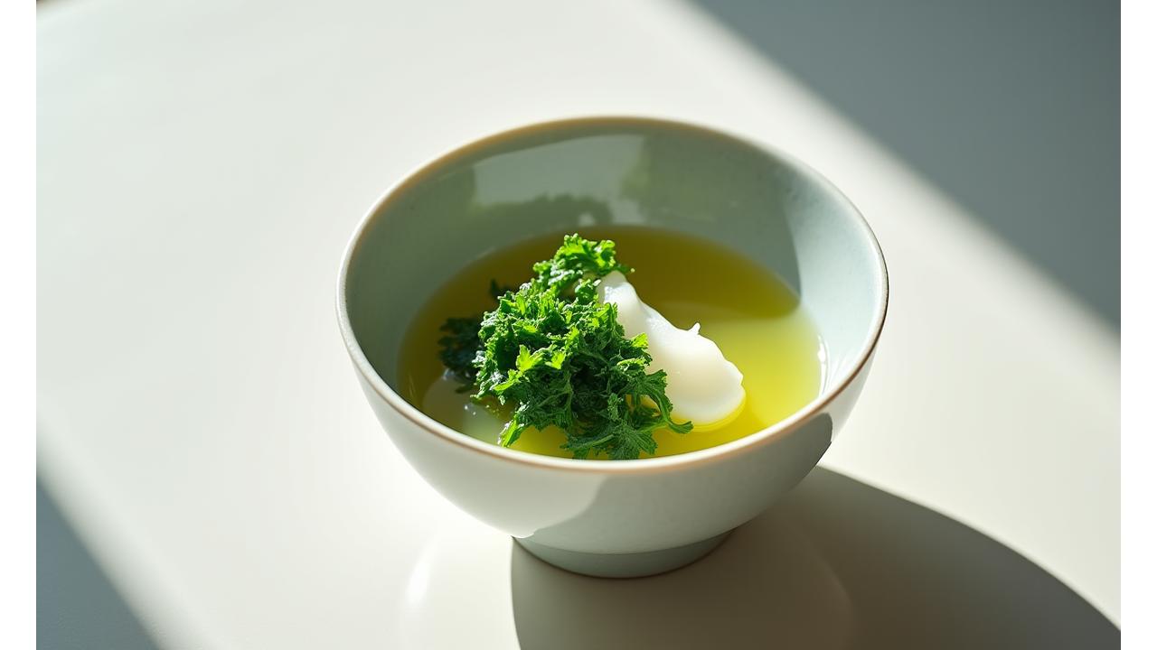 翡翠の潮汁、透明なスープに美しい緑の野菜が添えられた写真