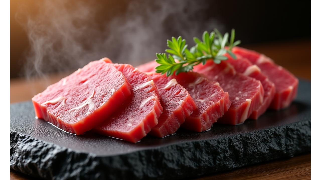 石焼き和牛、熱い石の上で焼かれる霜降り和牛の美しい写真